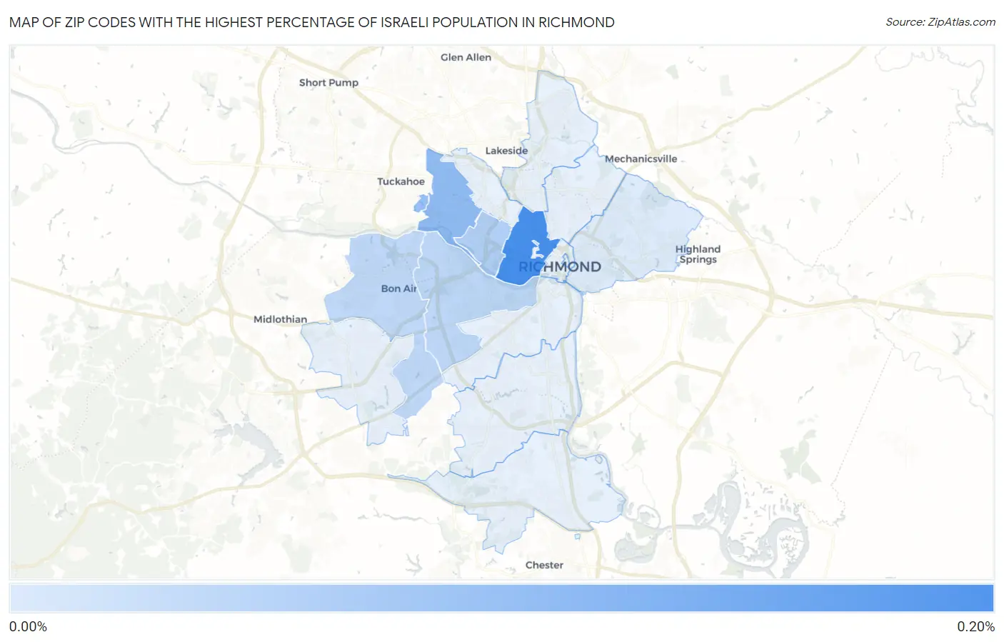 Zip Codes with the Highest Percentage of Israeli Population in Richmond Map