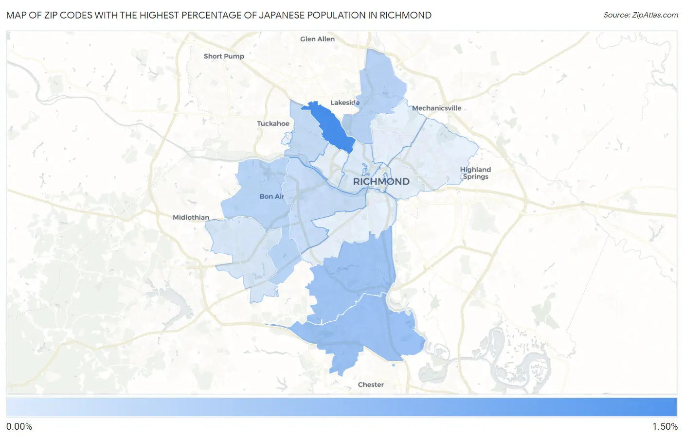 Zip Codes with the Highest Percentage of Japanese Population in Richmond Map