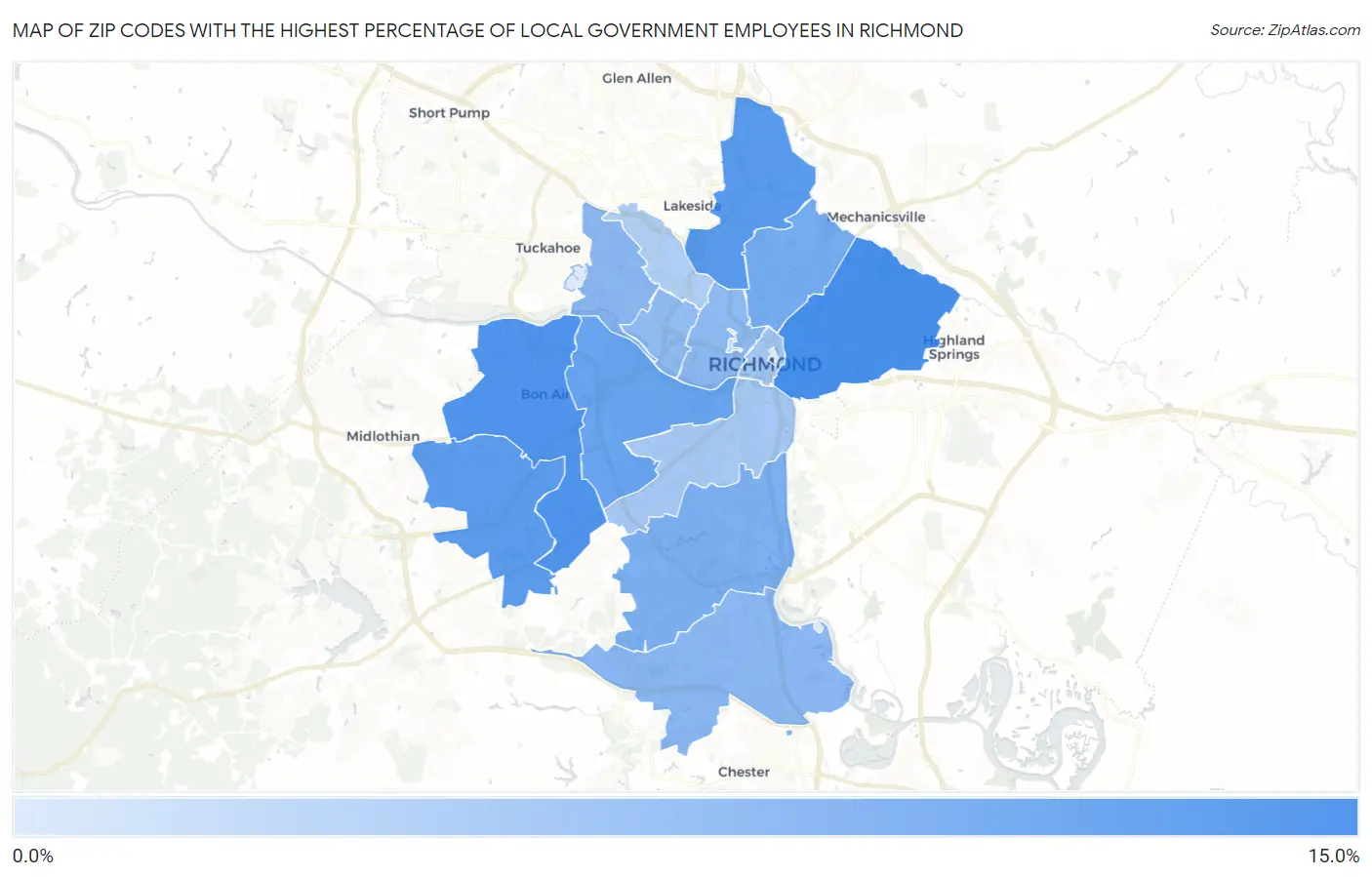 Zip Codes with the Highest Percentage of Local Government Employees in Richmond Map