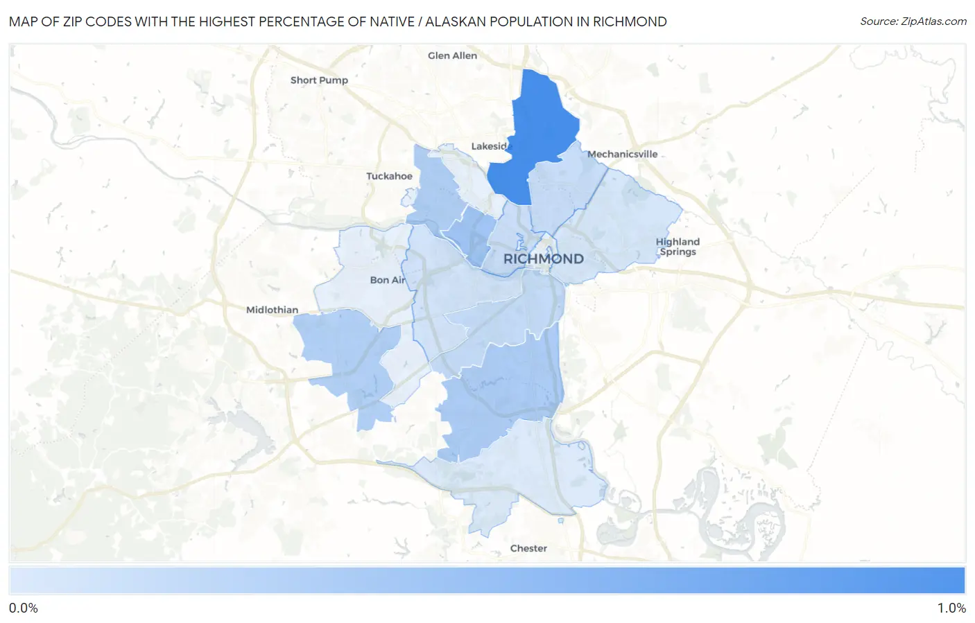 Zip Codes with the Highest Percentage of Native / Alaskan Population in Richmond Map