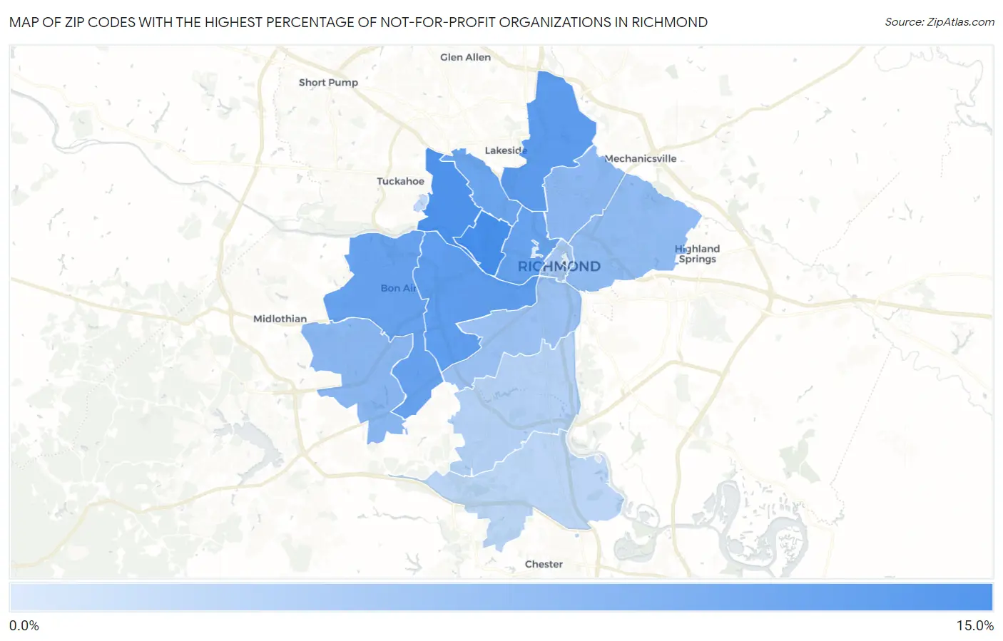 Zip Codes with the Highest Percentage of Not-for-profit Organizations in Richmond Map