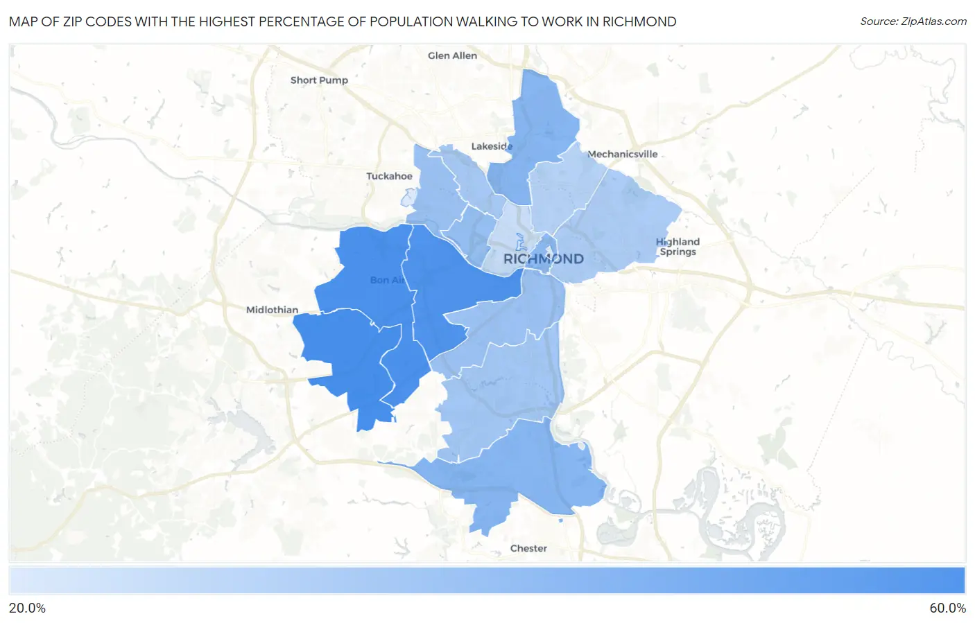 Zip Codes with the Highest Percentage of Population Walking to Work in Richmond Map