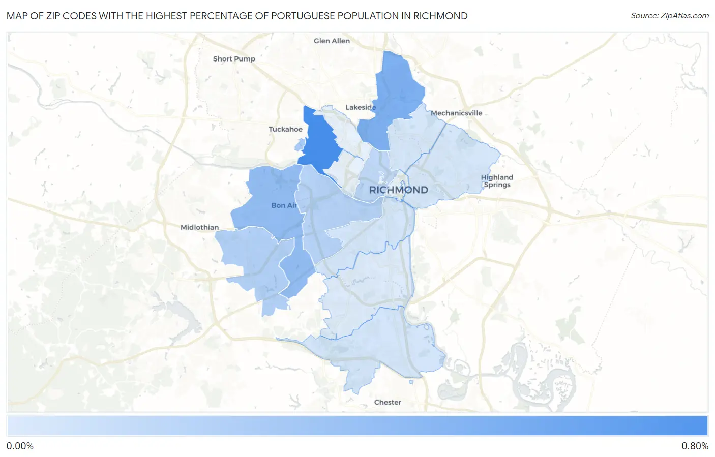 Zip Codes with the Highest Percentage of Portuguese Population in Richmond Map