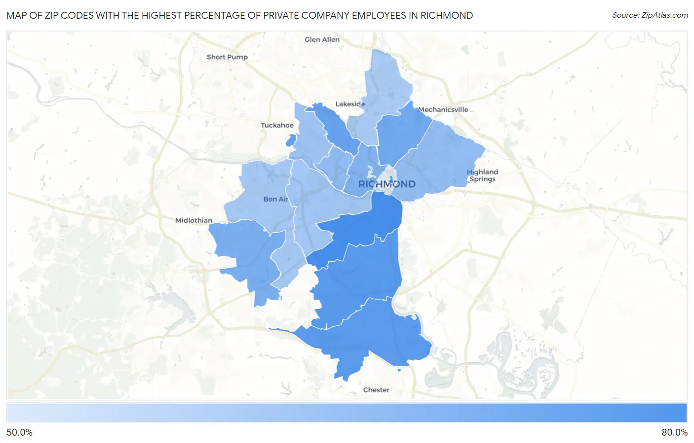Zip Codes with the Highest Percentage of Private Company Employees in Richmond Map