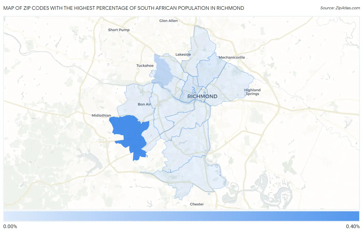 Zip Codes with the Highest Percentage of South African Population in Richmond Map