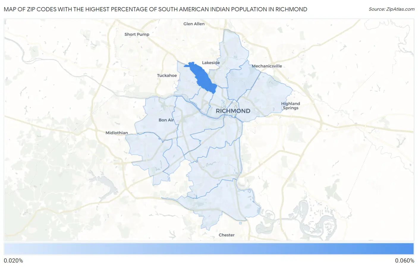 Zip Codes with the Highest Percentage of South American Indian Population in Richmond Map