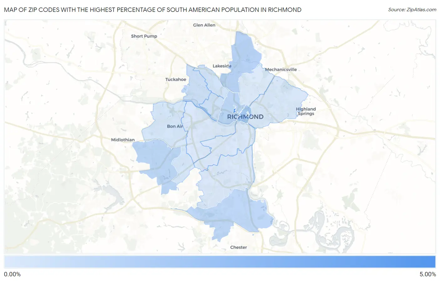 Zip Codes with the Highest Percentage of South American Population in Richmond Map