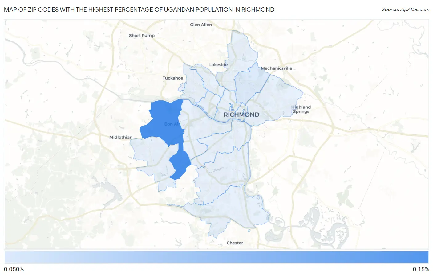 Zip Codes with the Highest Percentage of Ugandan Population in Richmond Map