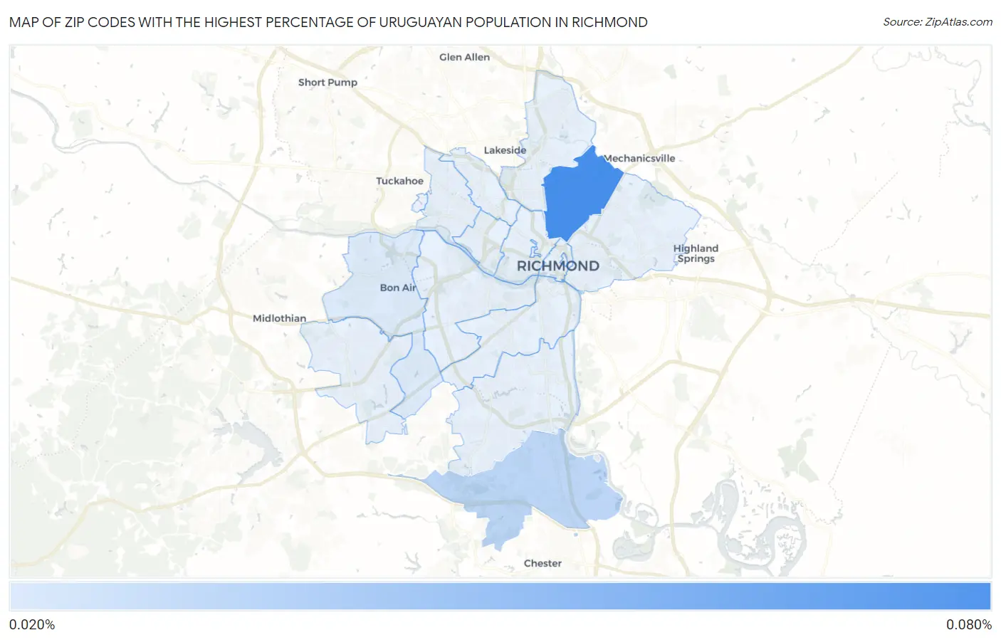 Zip Codes with the Highest Percentage of Uruguayan Population in Richmond Map