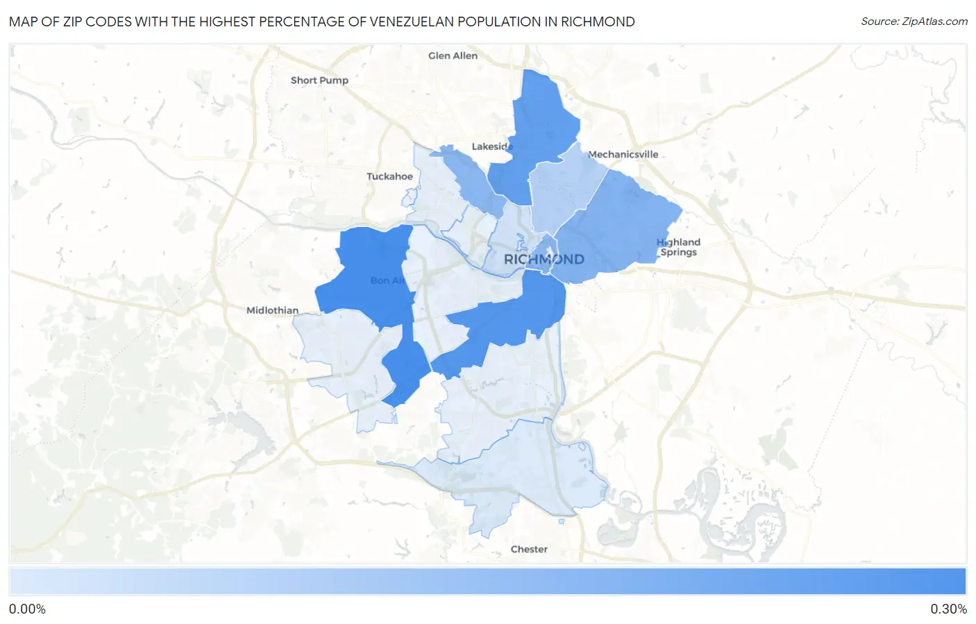 Zip Codes with the Highest Percentage of Venezuelan Population in Richmond Map