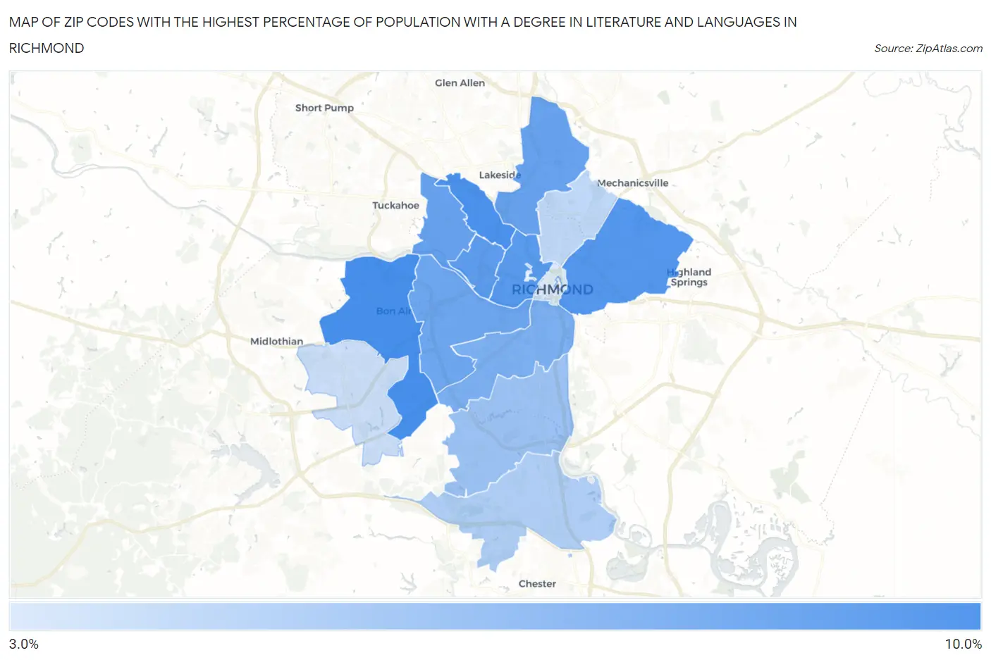 Zip Codes with the Highest Percentage of Population with a Degree in Literature and Languages in Richmond Map