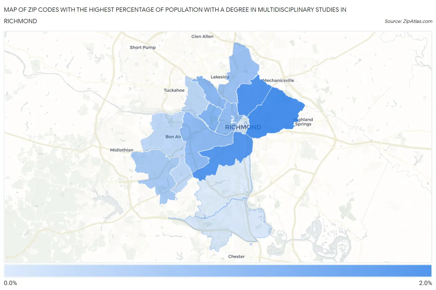 Zip Codes with the Highest Percentage of Population with a Degree in Multidisciplinary Studies in Richmond Map