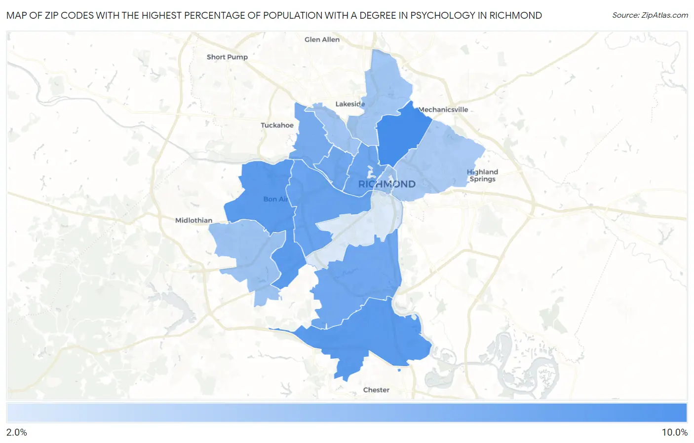Zip Codes with the Highest Percentage of Population with a Degree in Psychology in Richmond Map
