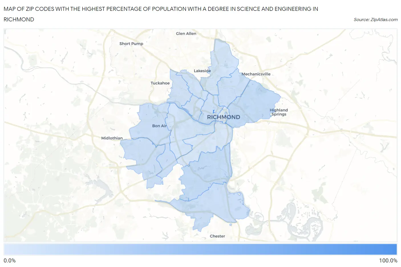 Zip Codes with the Highest Percentage of Population with a Degree in Science and Engineering in Richmond Map