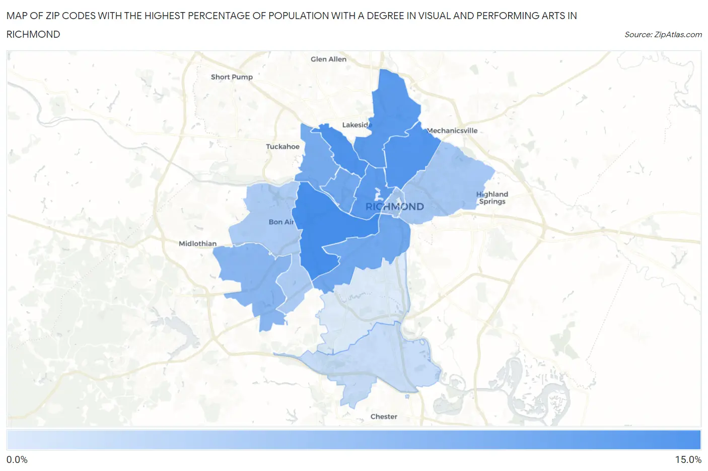 Zip Codes with the Highest Percentage of Population with a Degree in Visual and Performing Arts in Richmond Map