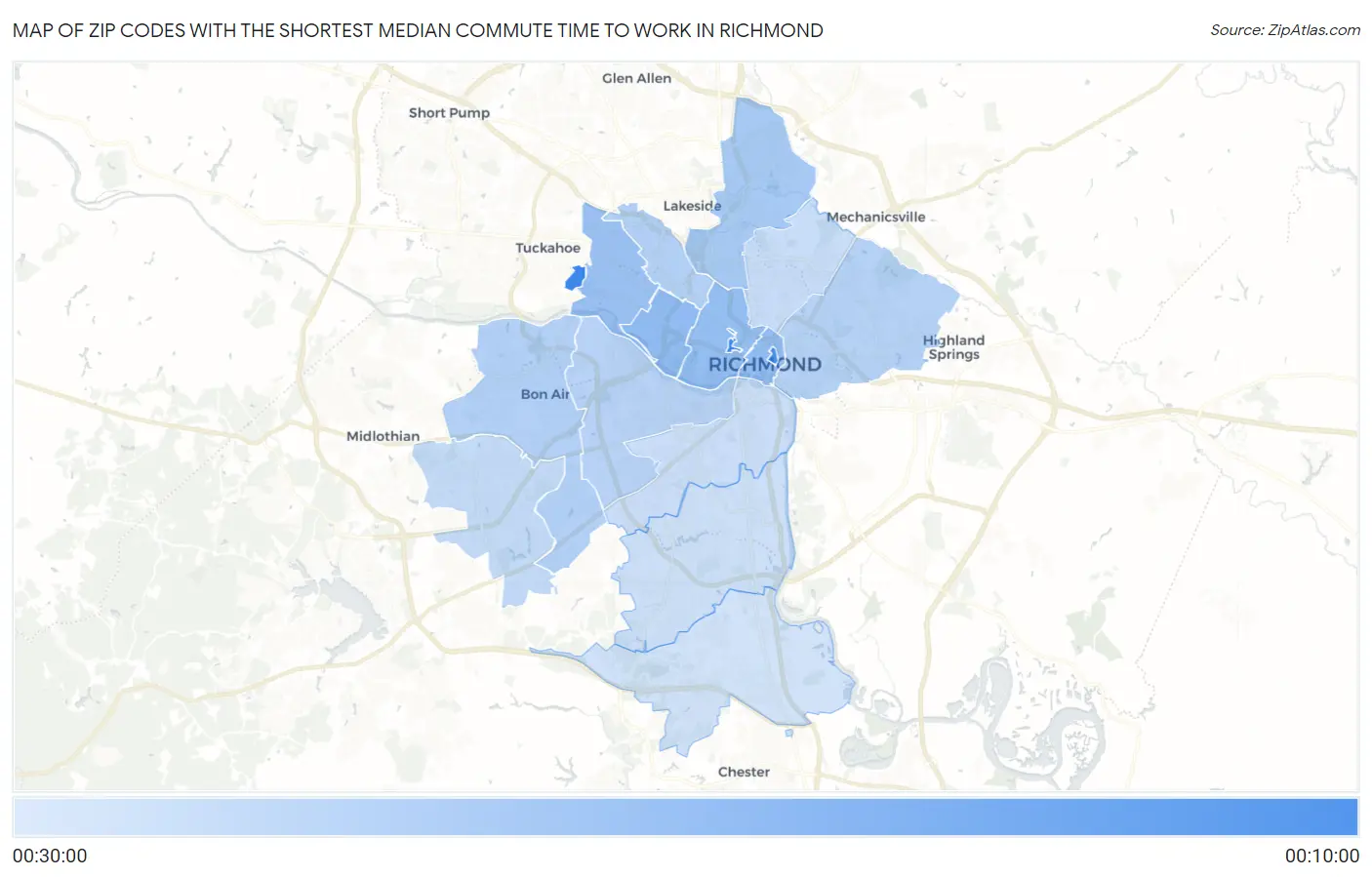 Zip Codes with the Shortest Median Commute Time to Work in Richmond Map
