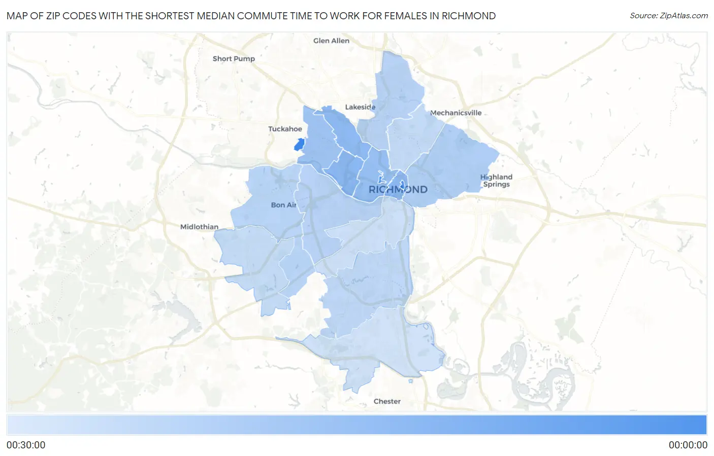 Zip Codes with the Shortest Median Commute Time to Work for Females in Richmond Map
