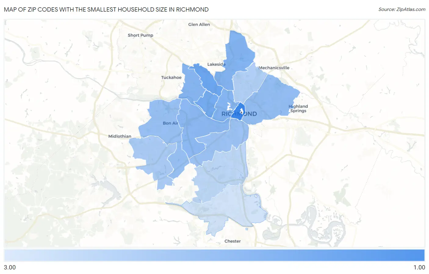 Zip Codes with the Smallest Household Size in Richmond Map