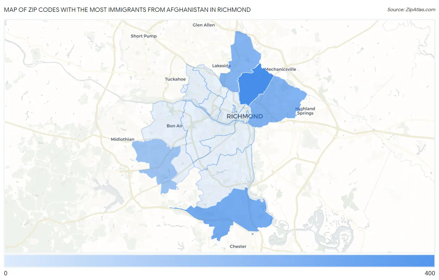 Zip Codes with the Most Immigrants from Afghanistan in Richmond Map