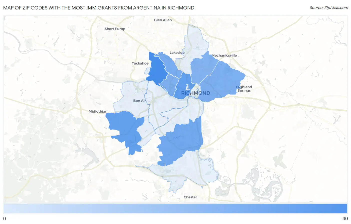 Zip Codes with the Most Immigrants from Argentina in Richmond Map