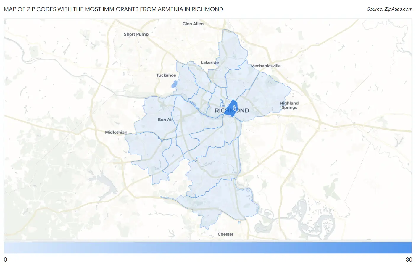 Zip Codes with the Most Immigrants from Armenia in Richmond Map