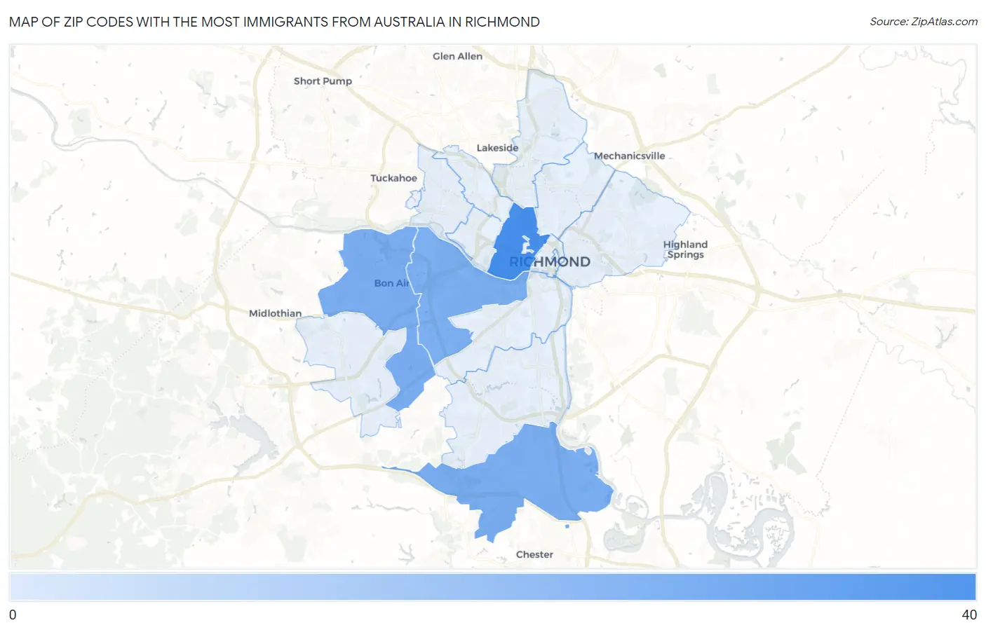 Zip Codes with the Most Immigrants from Australia in Richmond Map