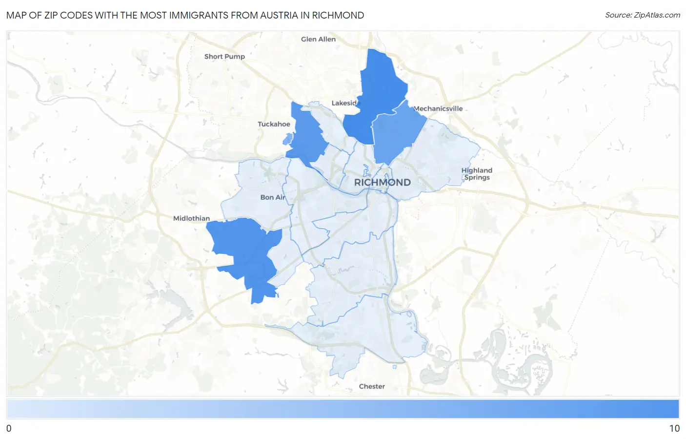 Zip Codes with the Most Immigrants from Austria in Richmond Map