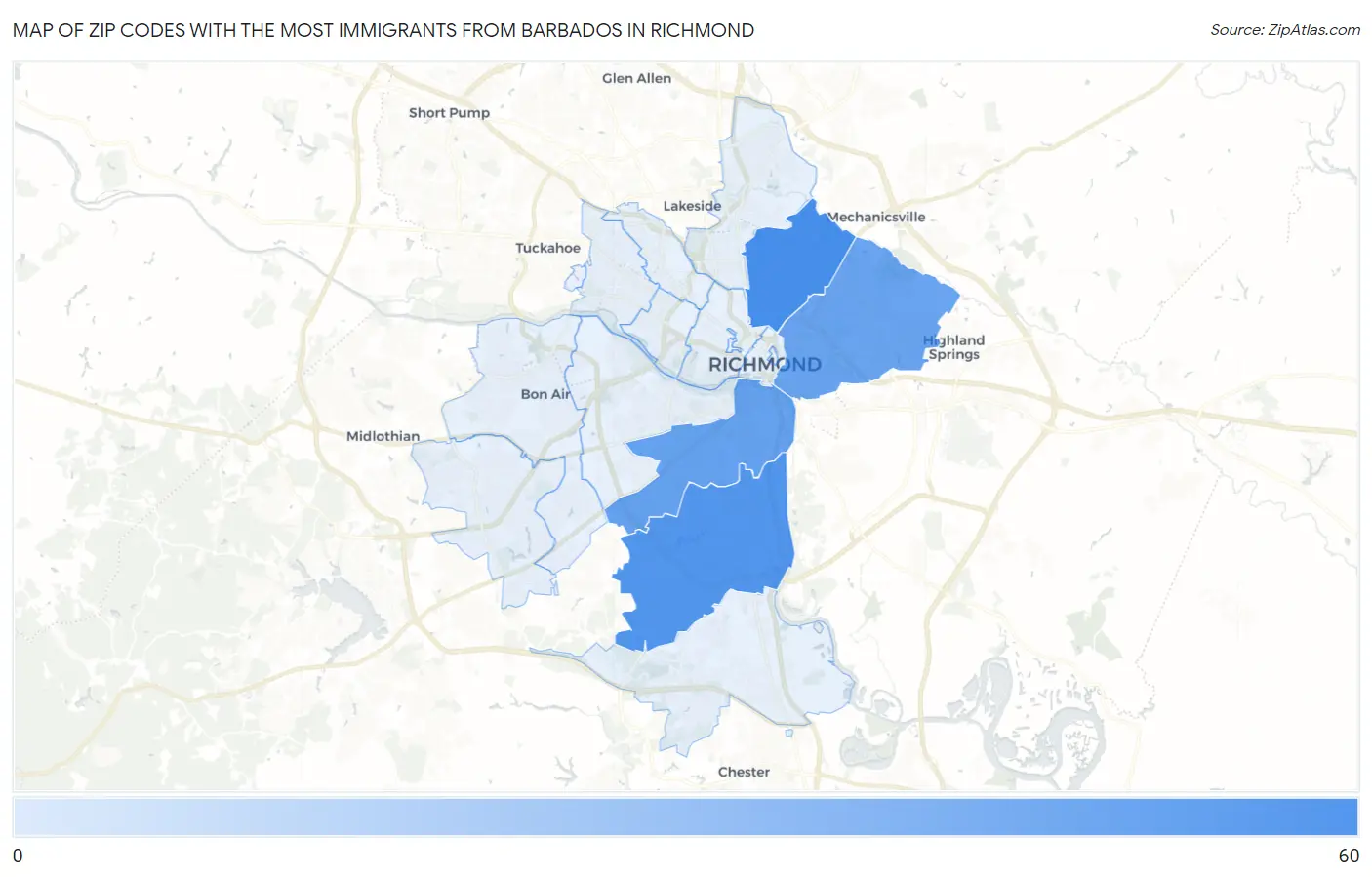 Zip Codes with the Most Immigrants from Barbados in Richmond Map