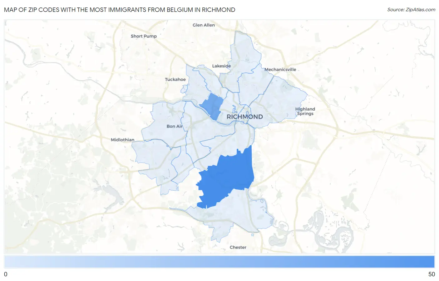 Zip Codes with the Most Immigrants from Belgium in Richmond Map
