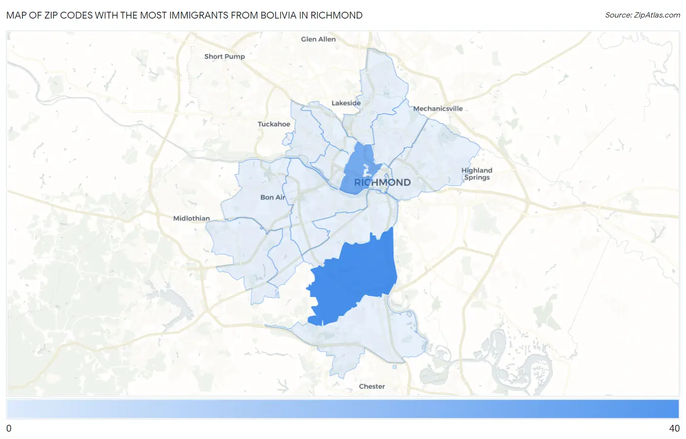 Zip Codes with the Most Immigrants from Bolivia in Richmond Map