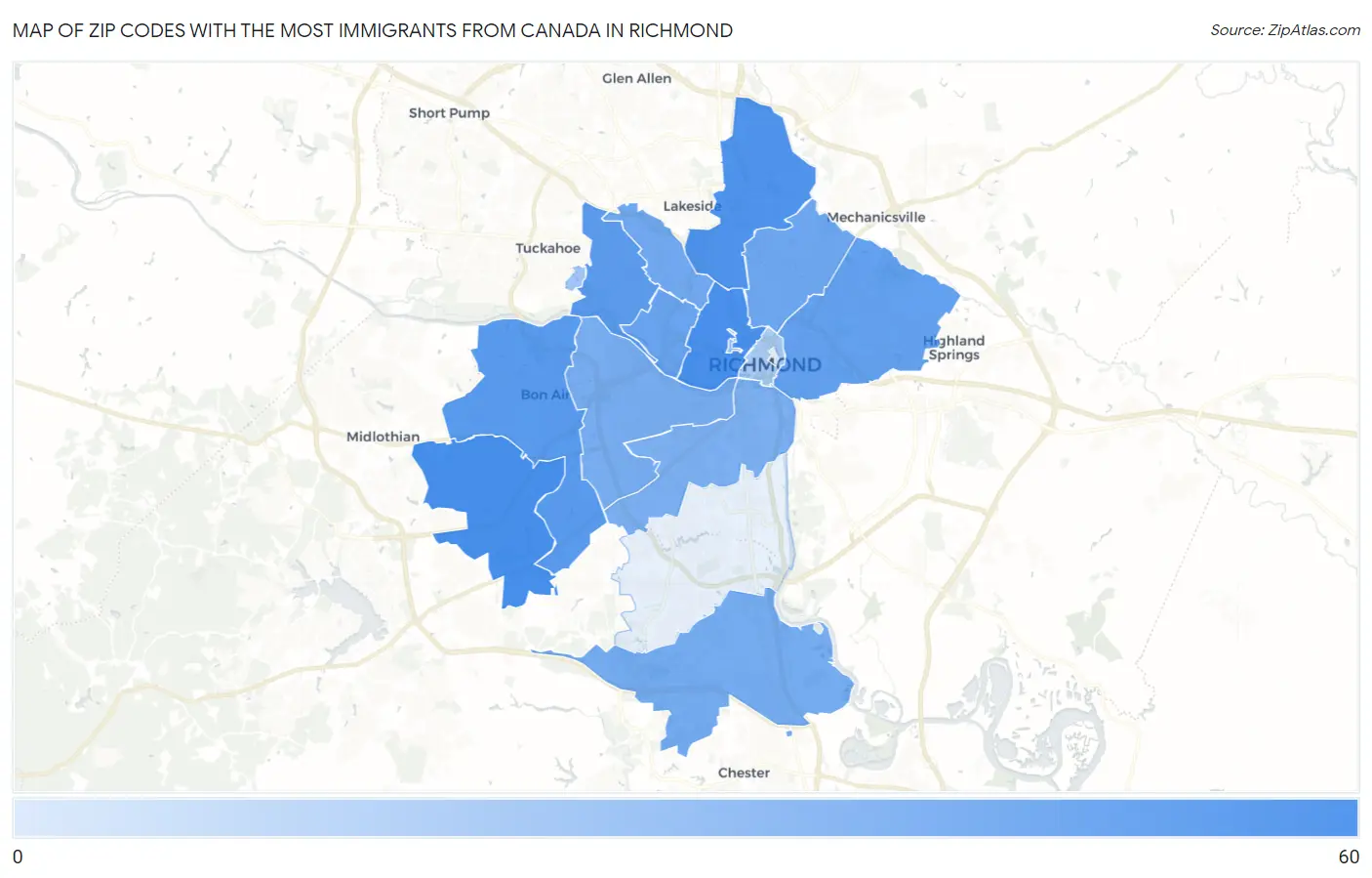 Zip Codes with the Most Immigrants from Canada in Richmond Map