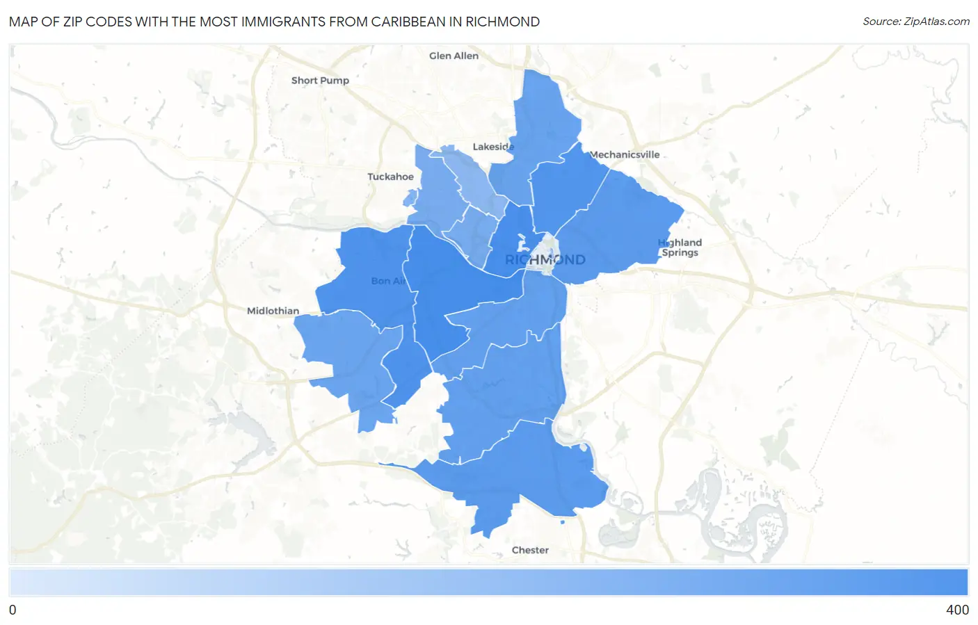 Zip Codes with the Most Immigrants from Caribbean in Richmond Map