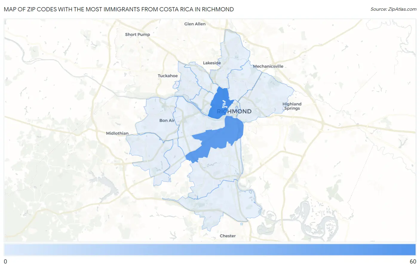 Zip Codes with the Most Immigrants from Costa Rica in Richmond Map