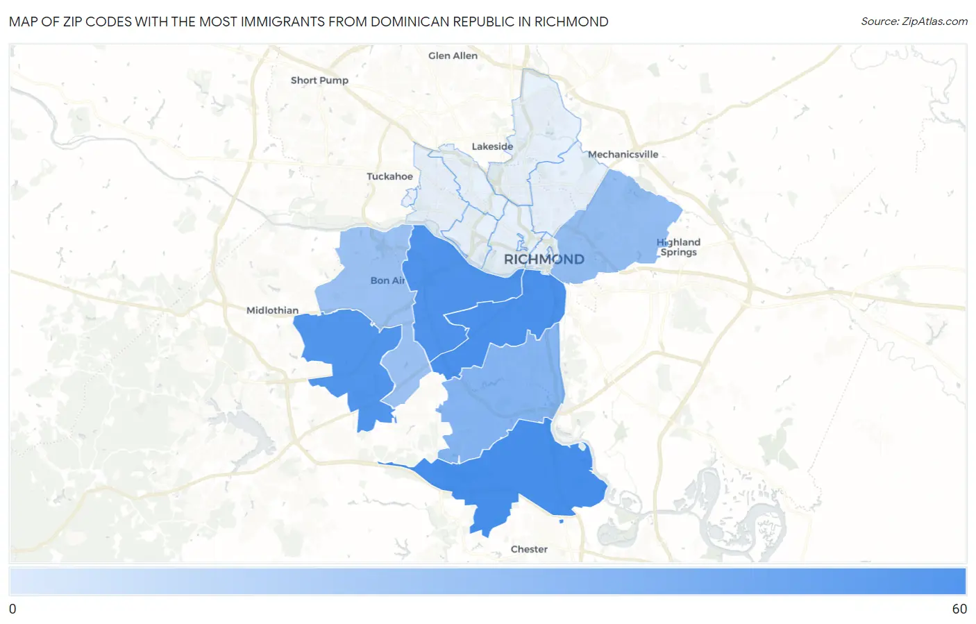 Zip Codes with the Most Immigrants from Dominican Republic in Richmond Map