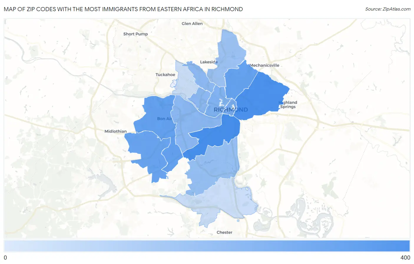 Zip Codes with the Most Immigrants from Eastern Africa in Richmond Map