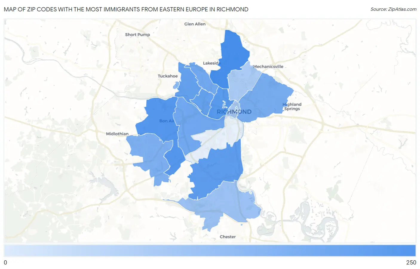 Zip Codes with the Most Immigrants from Eastern Europe in Richmond Map