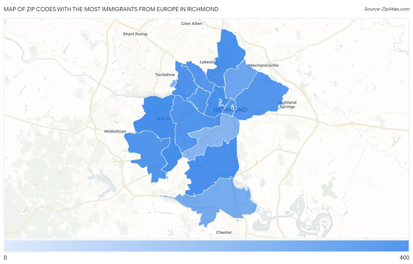 Zip Codes with the Most Immigrants from Europe in Richmond Map