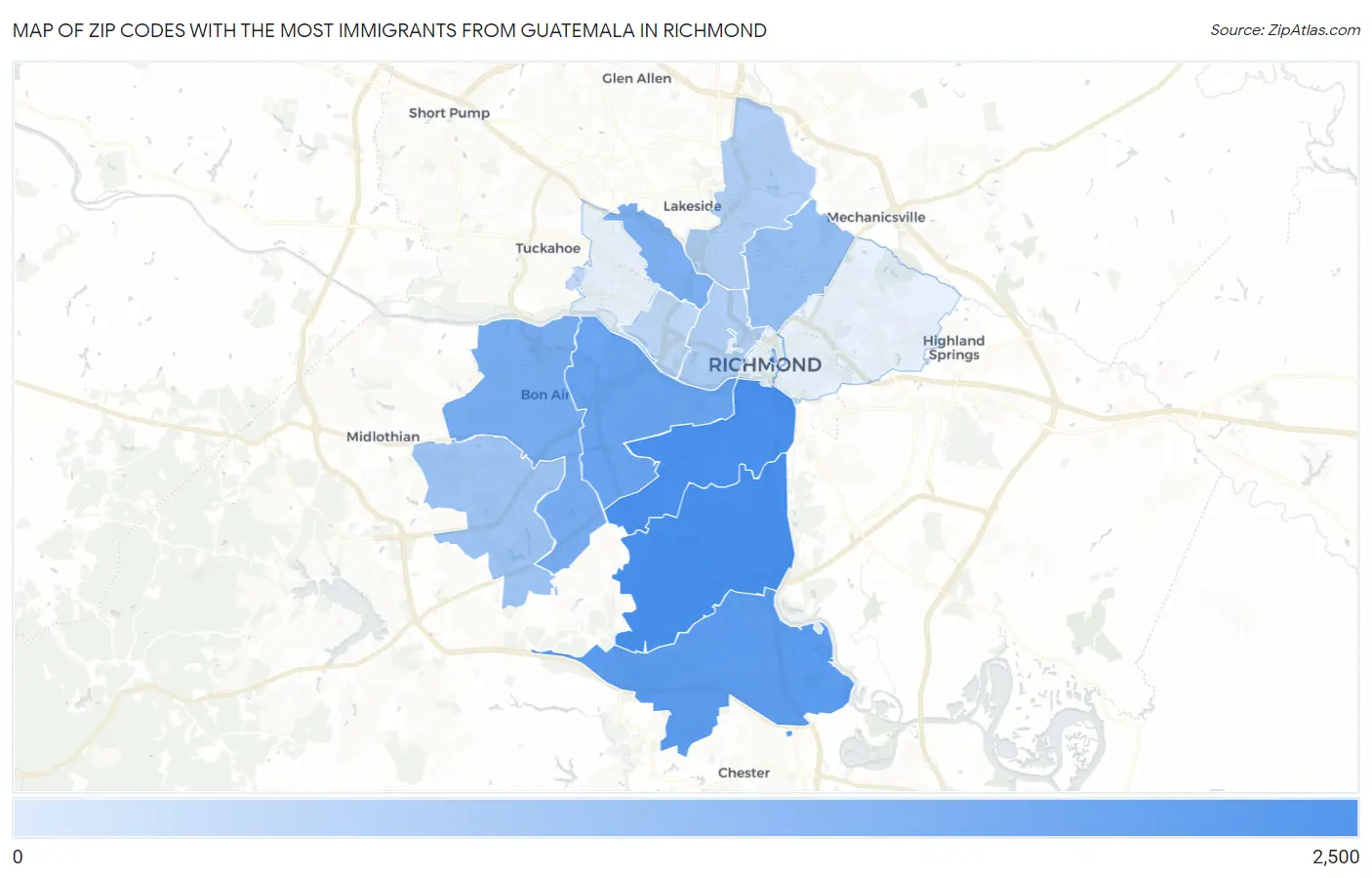 Zip Codes with the Most Immigrants from Guatemala in Richmond Map