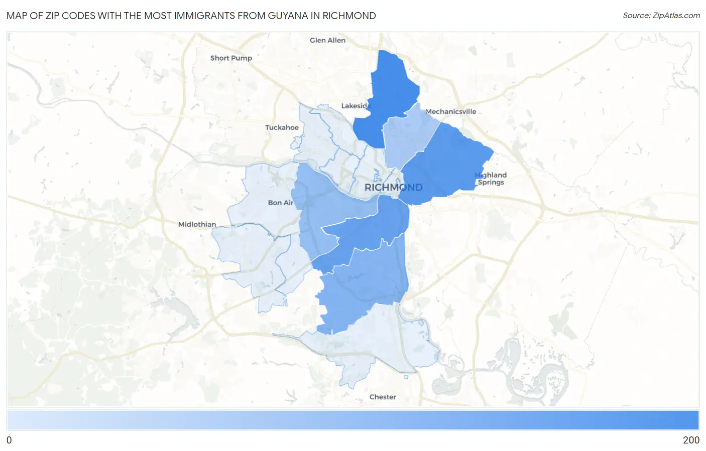 Zip Codes with the Most Immigrants from Guyana in Richmond Map