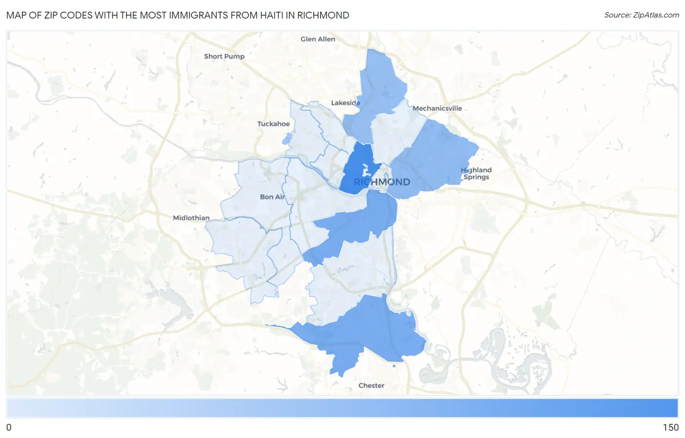 Zip Codes with the Most Immigrants from Haiti in Richmond Map