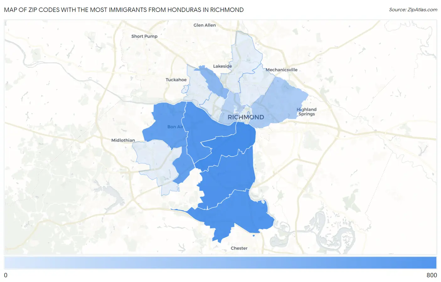 Zip Codes with the Most Immigrants from Honduras in Richmond Map