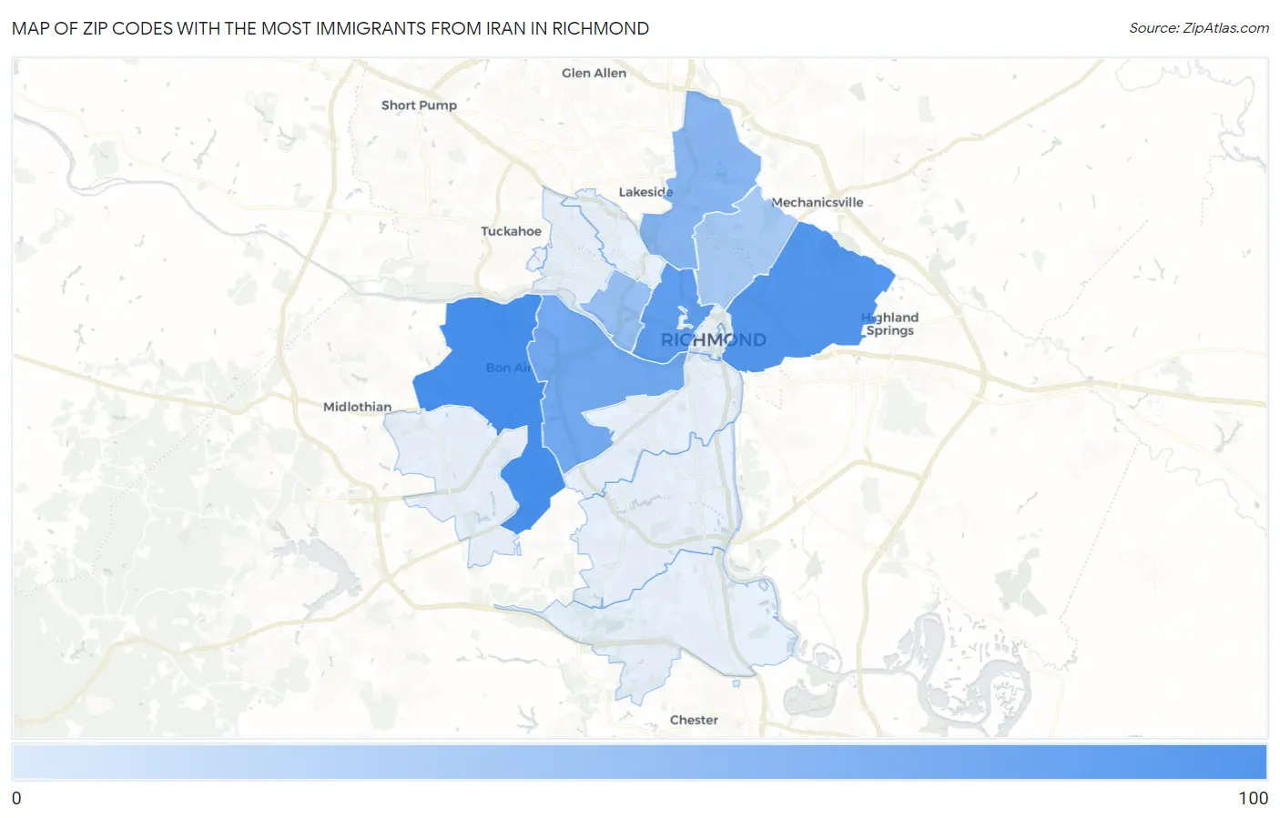 Zip Codes with the Most Immigrants from Iran in Richmond Map
