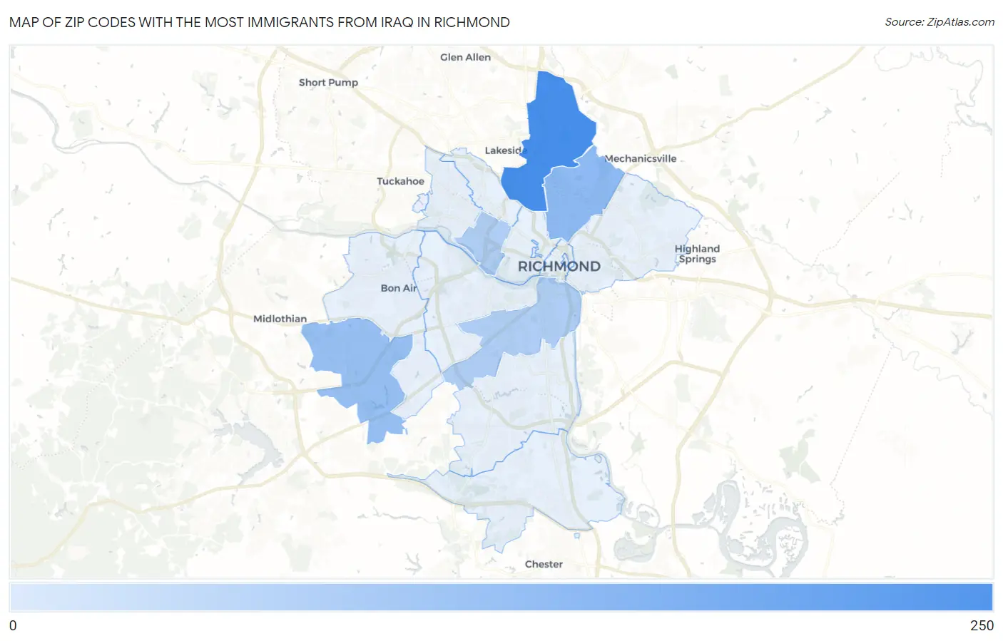 Zip Codes with the Most Immigrants from Iraq in Richmond Map