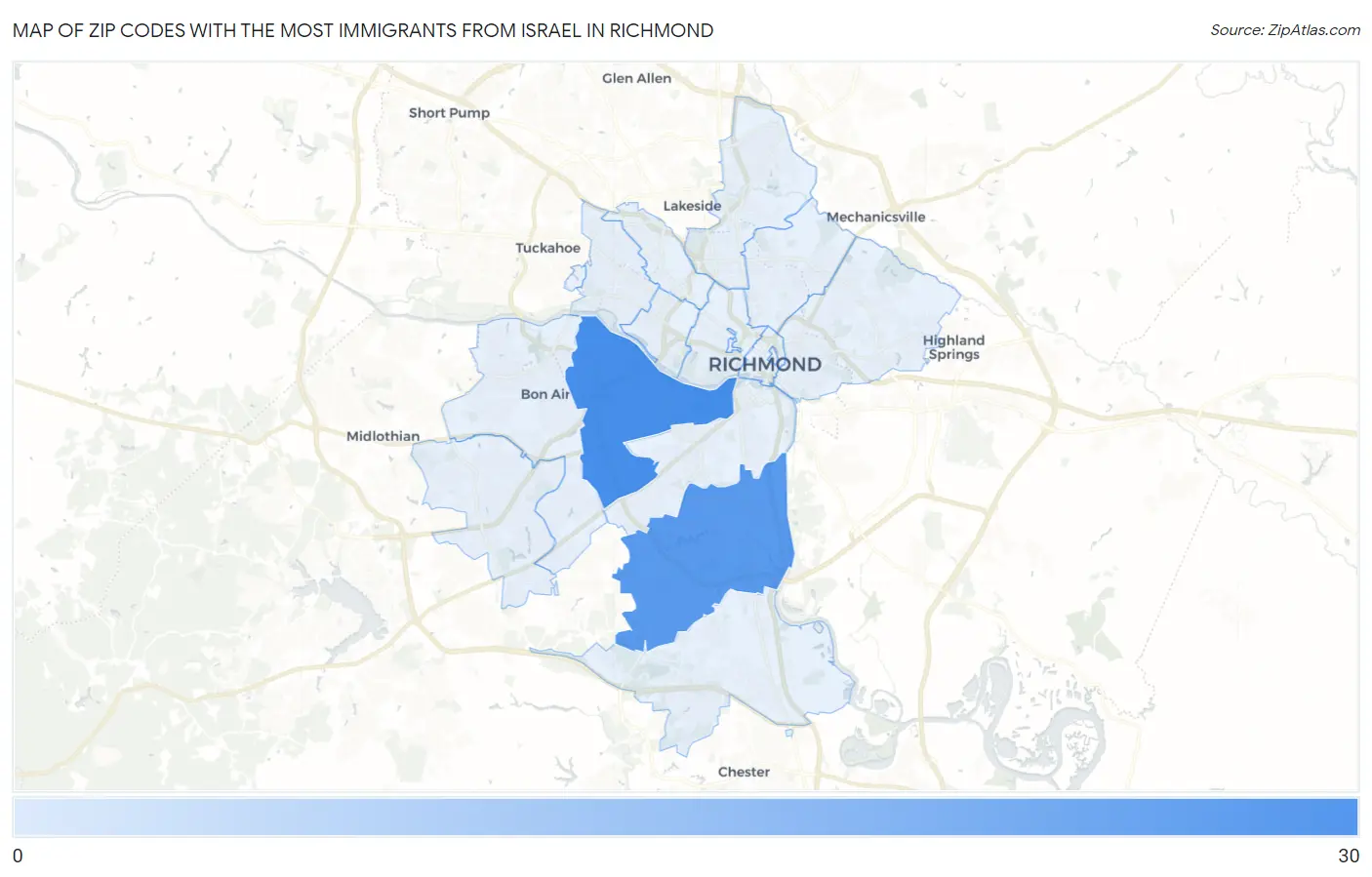 Zip Codes with the Most Immigrants from Israel in Richmond Map