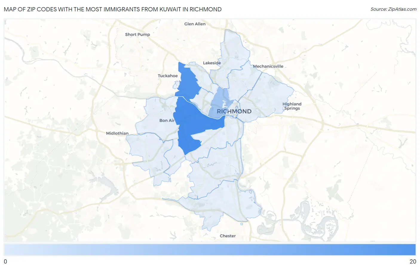 Zip Codes with the Most Immigrants from Kuwait in Richmond Map
