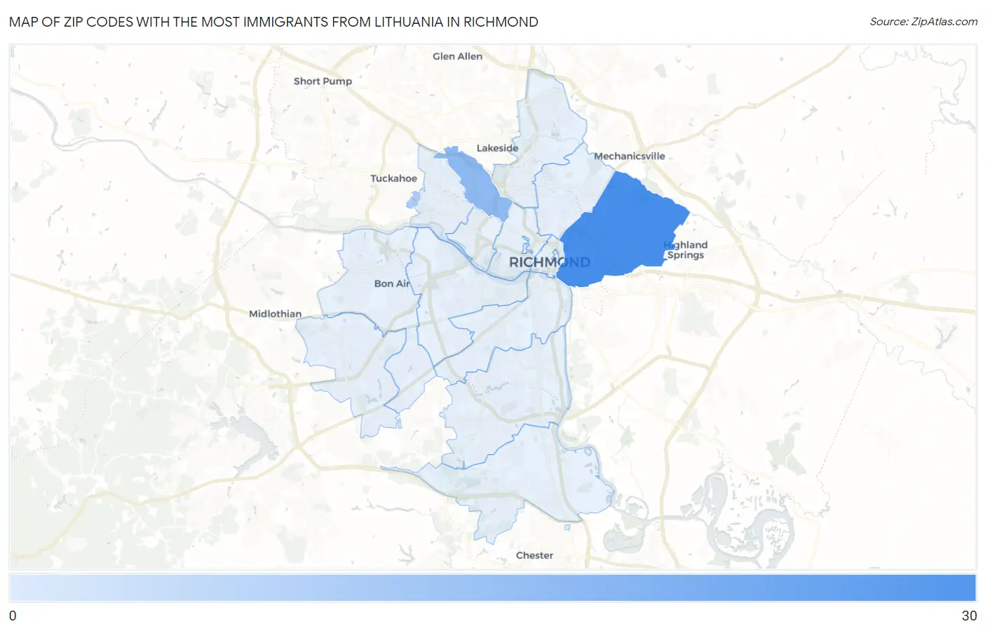 Zip Codes with the Most Immigrants from Lithuania in Richmond Map