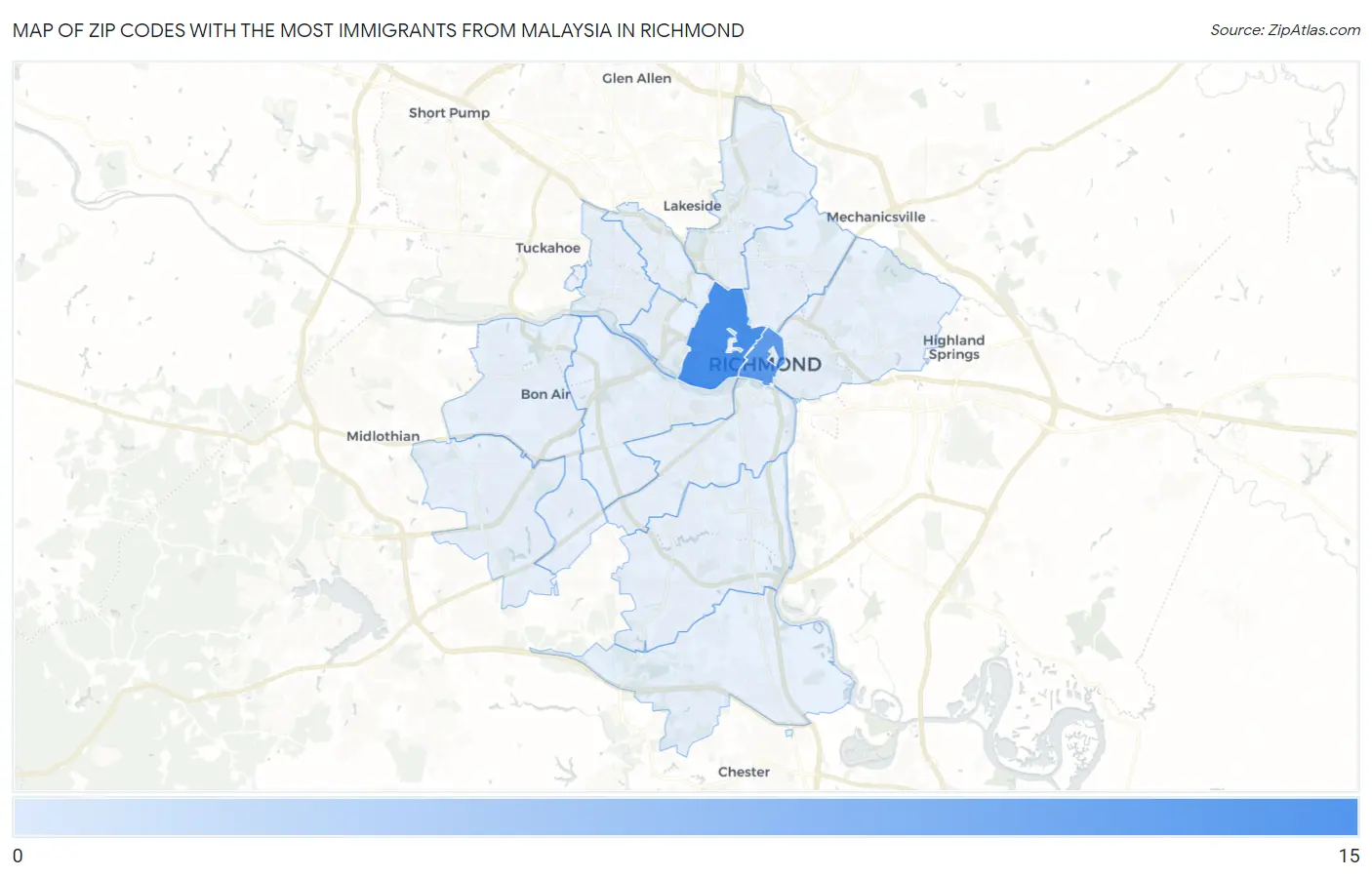 Zip Codes with the Most Immigrants from Malaysia in Richmond Map
