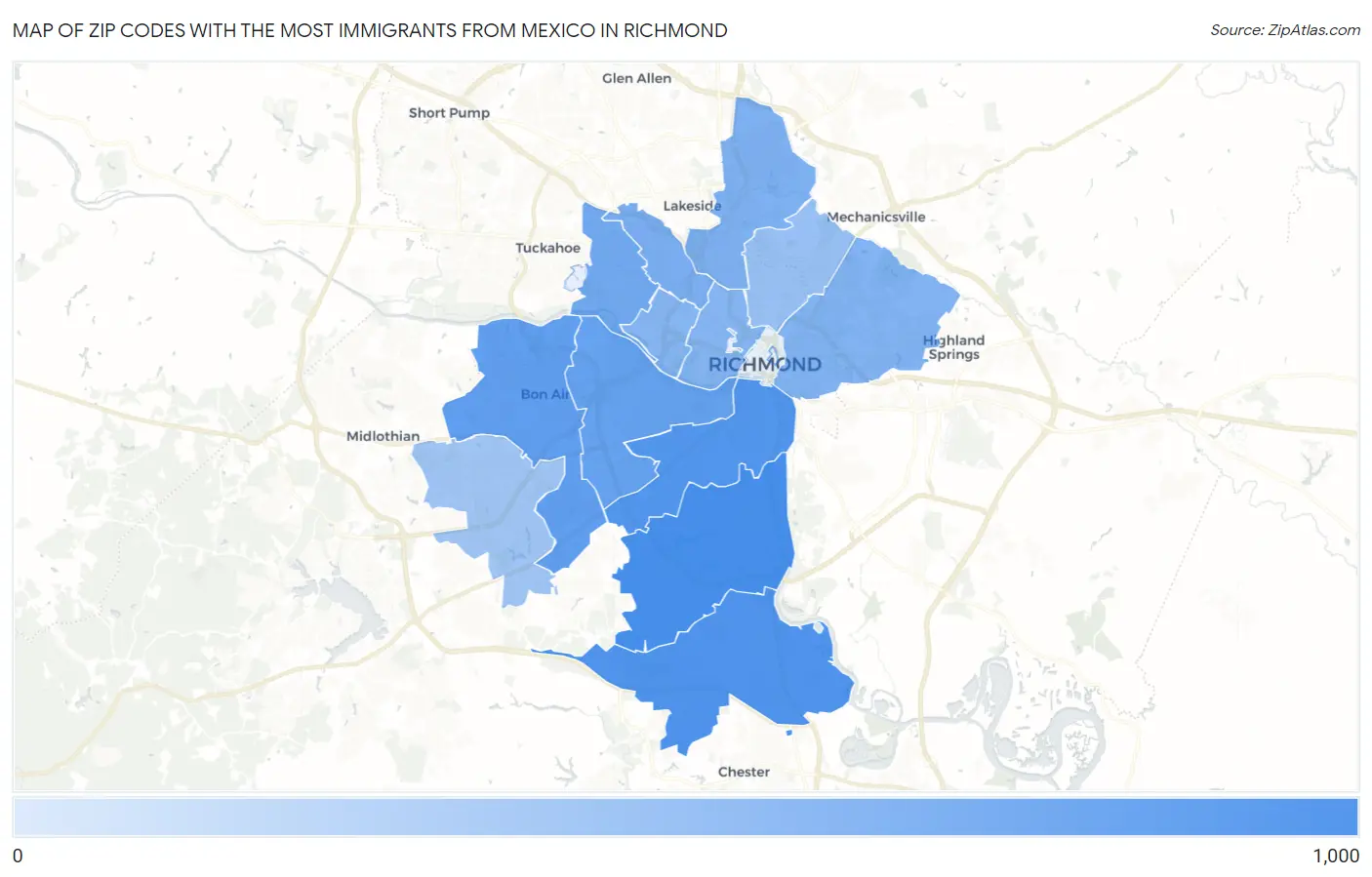 Zip Codes with the Most Immigrants from Mexico in Richmond Map
