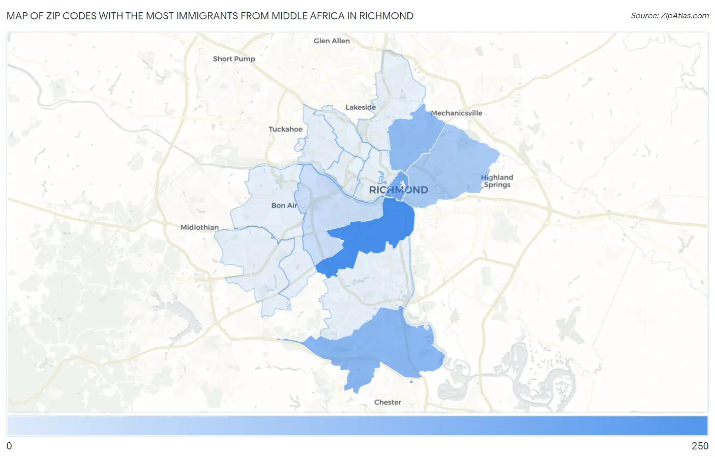 Zip Codes with the Most Immigrants from Middle Africa in Richmond Map