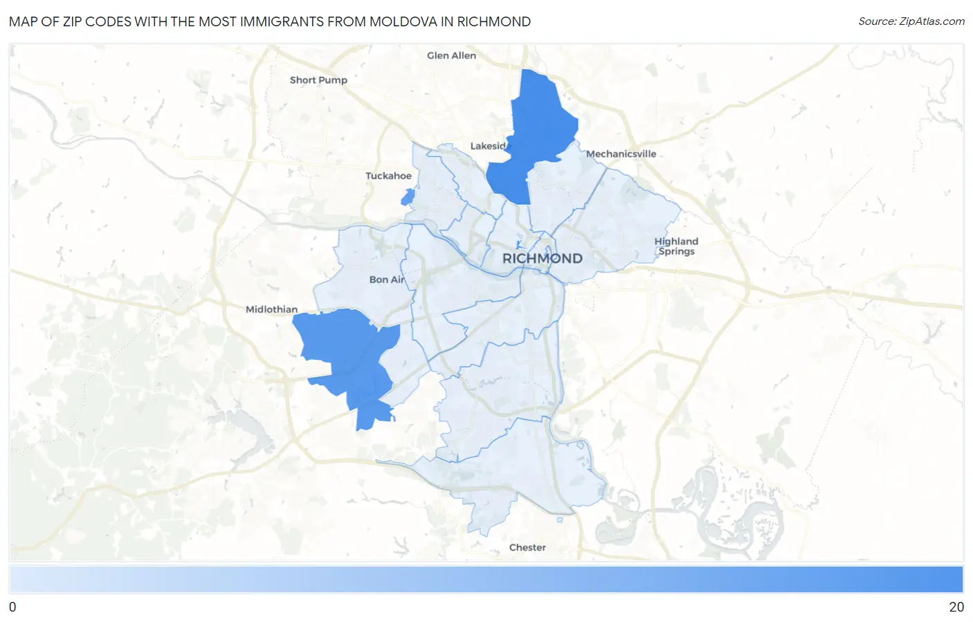Zip Codes with the Most Immigrants from Moldova in Richmond Map